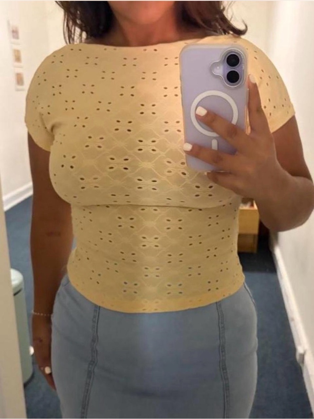 Women’s Short Sleeve Eyelet Knit Top - yellow